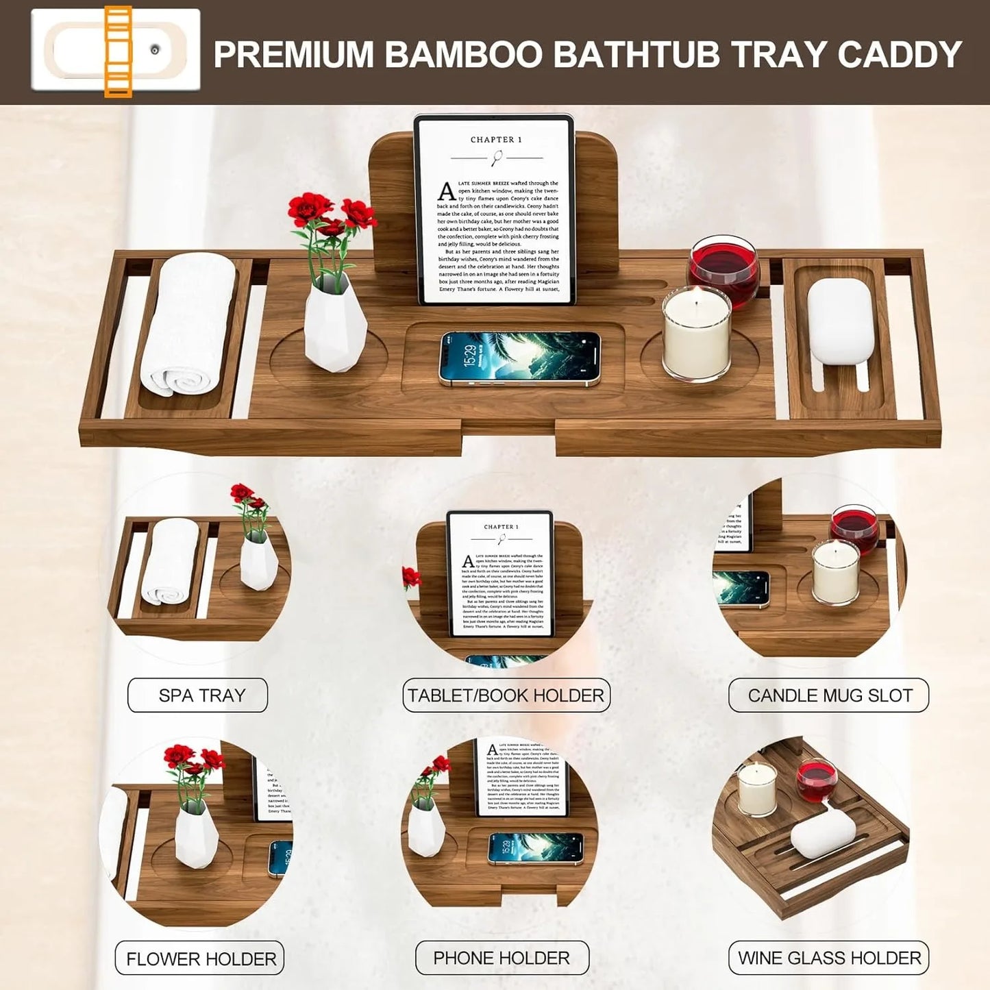 Premium Teak Bathtub Caddy