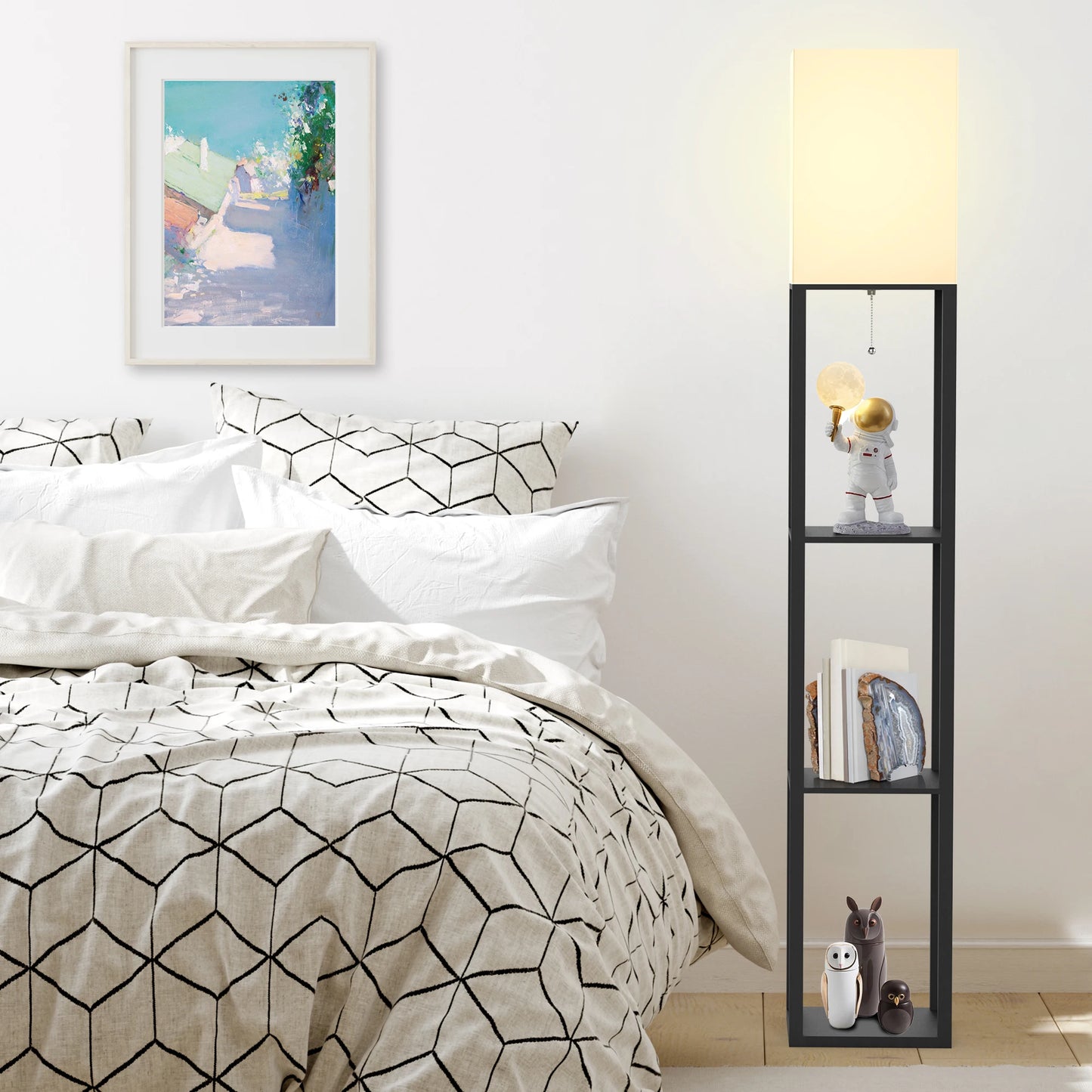 Solid Wood Column Floor Lamp with Shelves