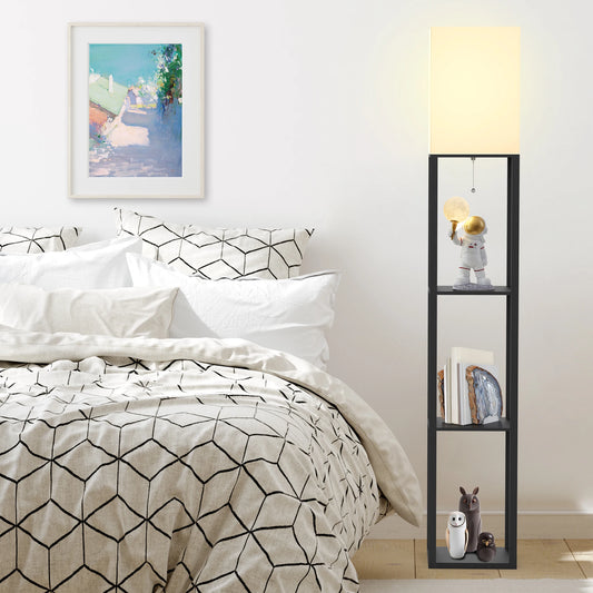 Solid Wood Column Floor Lamp with Shelves