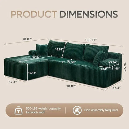 Modular L-Shaped 3-Seat Sectional | Memory Foam with Deep Seating & Storage Modules | Living Room Sofa