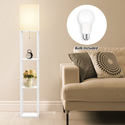 Solid Wood Column Floor Lamp with Shelves