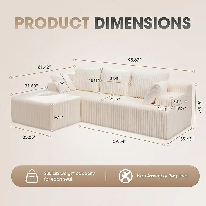 Modular L-Shaped 3-Seat Sectional | Memory Foam with Deep Seating & Storage Modules | Living Room Sofa