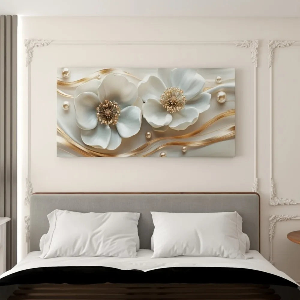 White Floral Wall Art With Gold Embellishments