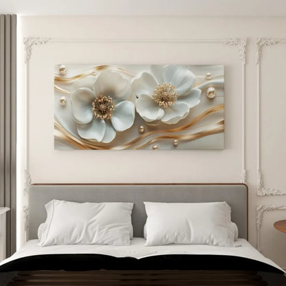 White Floral Wall Art With Gold Embellishments