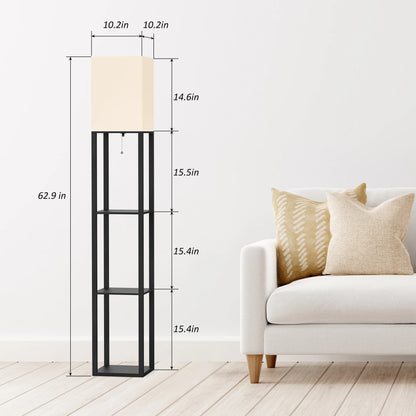 Solid Wood Column Floor Lamp with Shelves