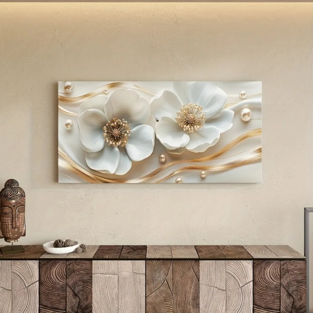 White Floral Wall Art With Gold Embellishments