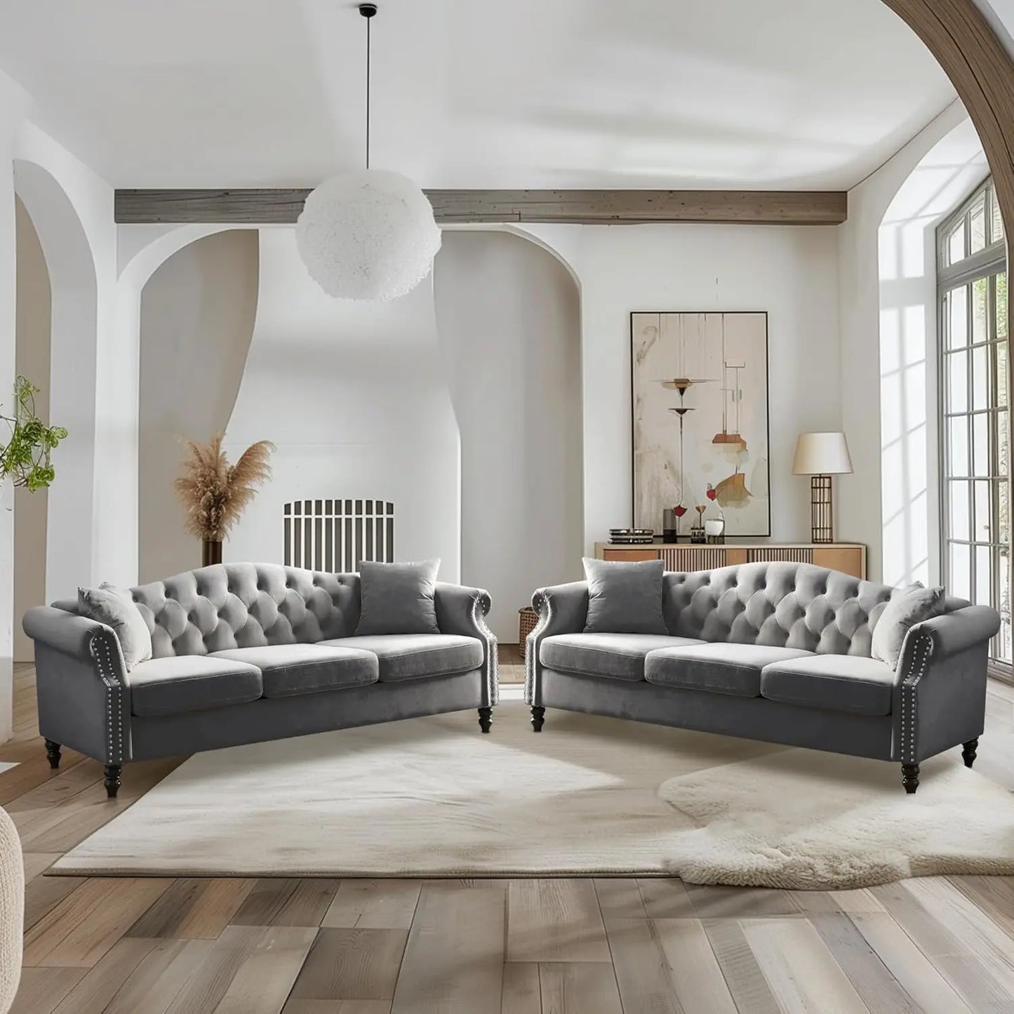 2Pcs Chesterfield Velvet Sofa And Loveseat