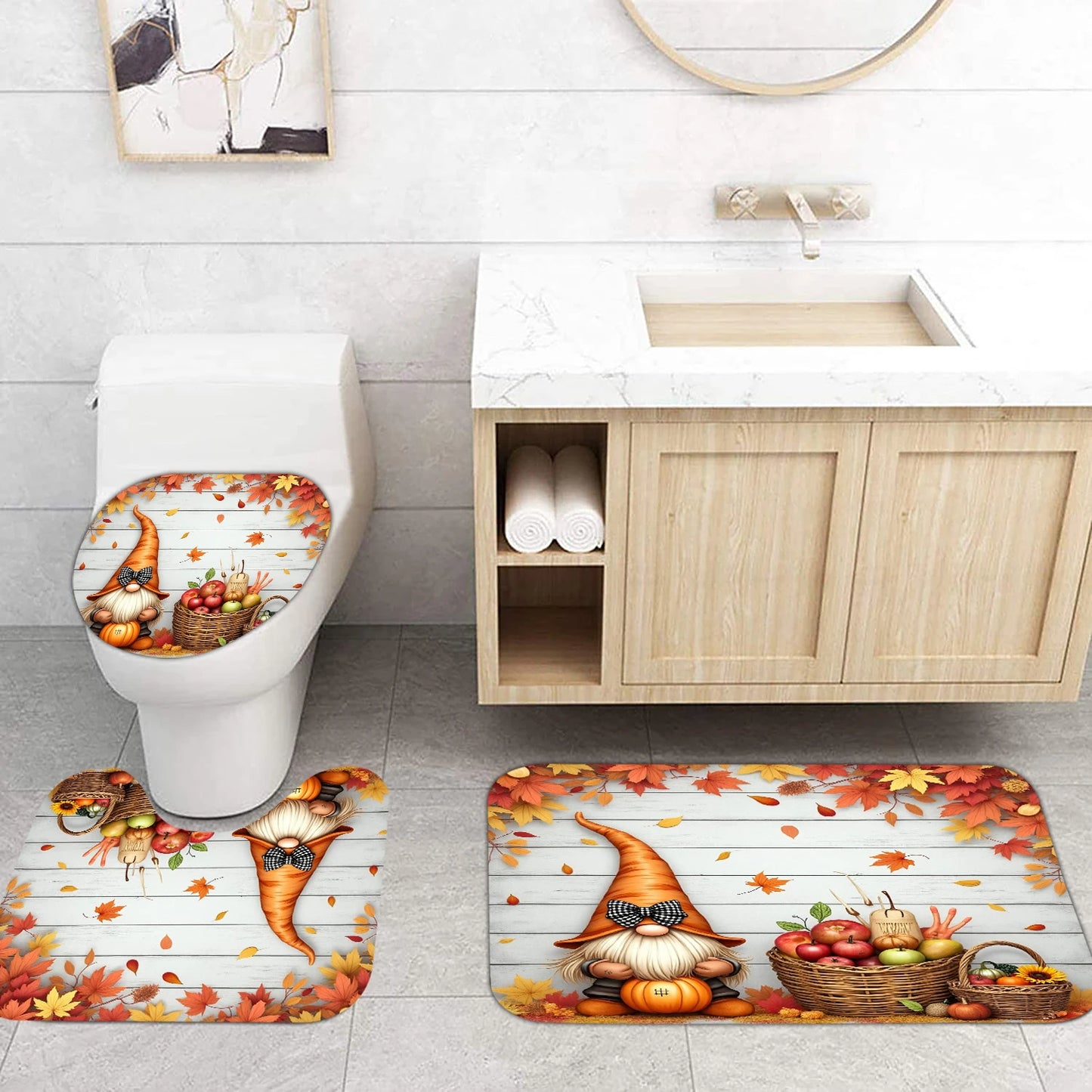 3Pcs Autumn Gnome Bathroom Mat Set