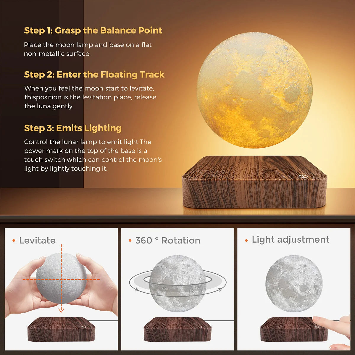 Magnetic Floating Rotating Moon Lamp with Wooden Base